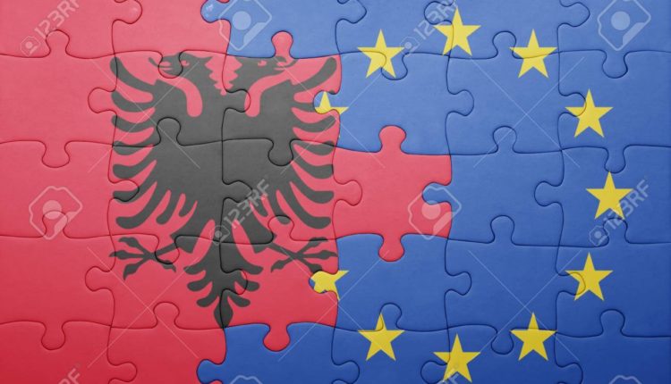 puzzle with the national flag of albania and european union
